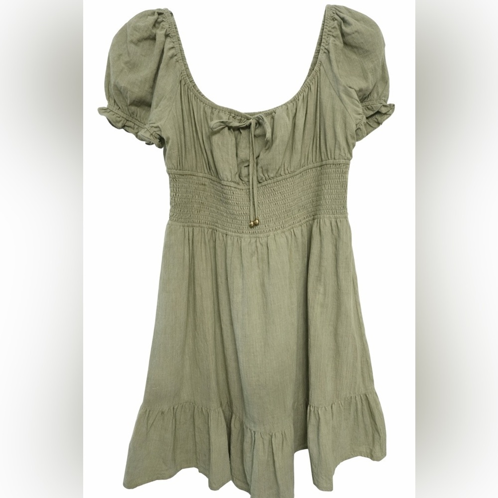 LILLUSORY Sage Green Cotton Smocked Puff Sleeve Cottagecore Dress XL